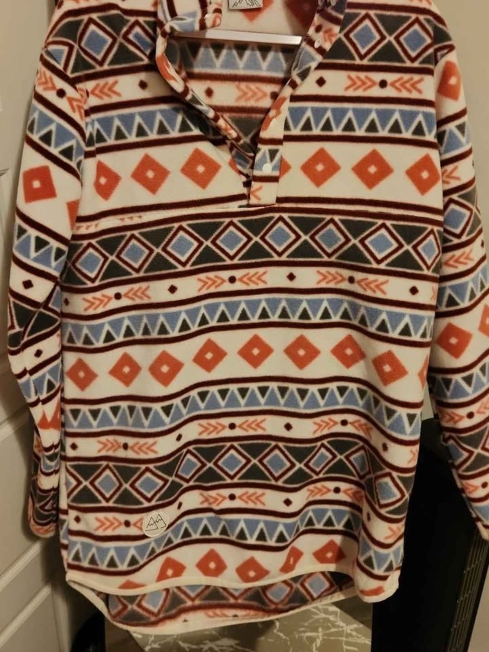 Cozy Geometric Fleece Pullover Sweater - Rust/Blue